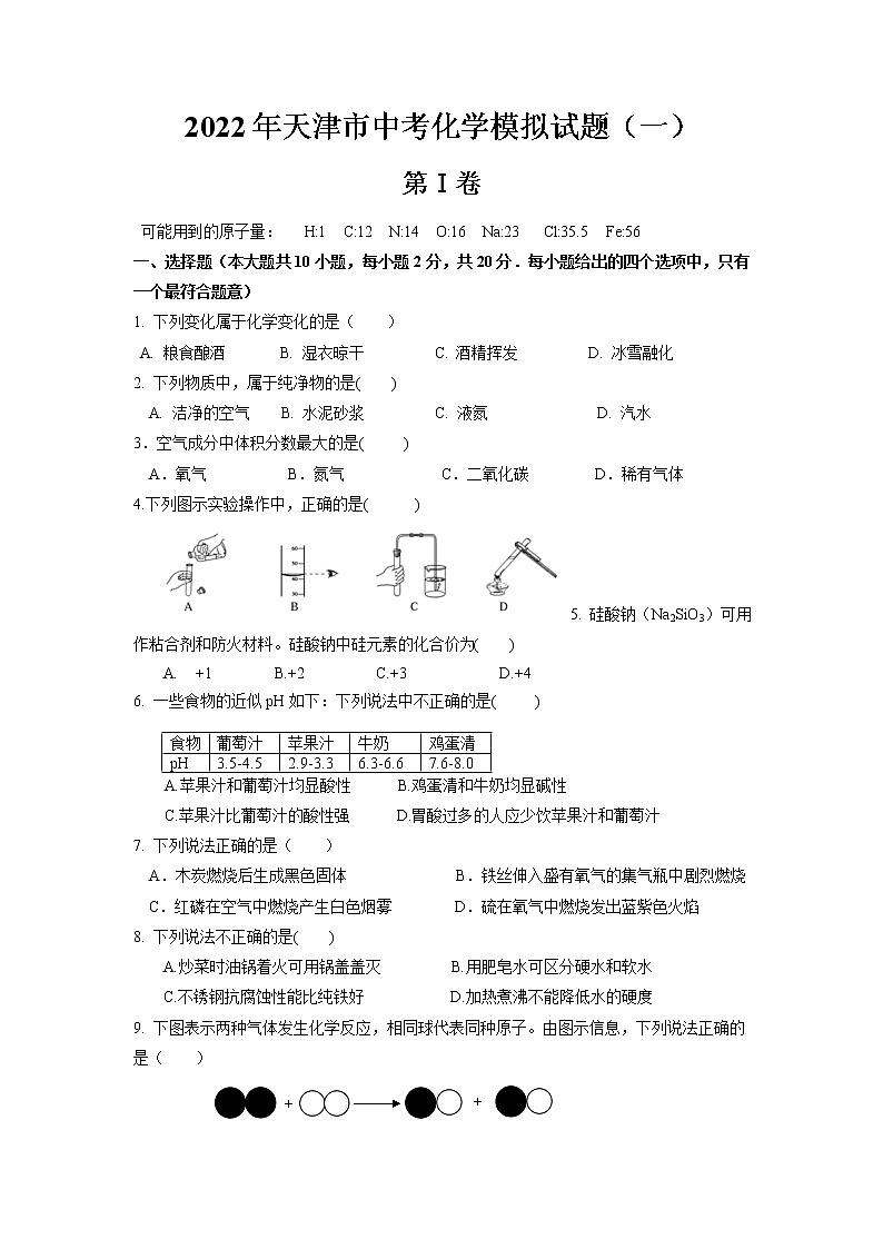 2022年天津市第一零二中学中考化学模拟试题(一)第1页