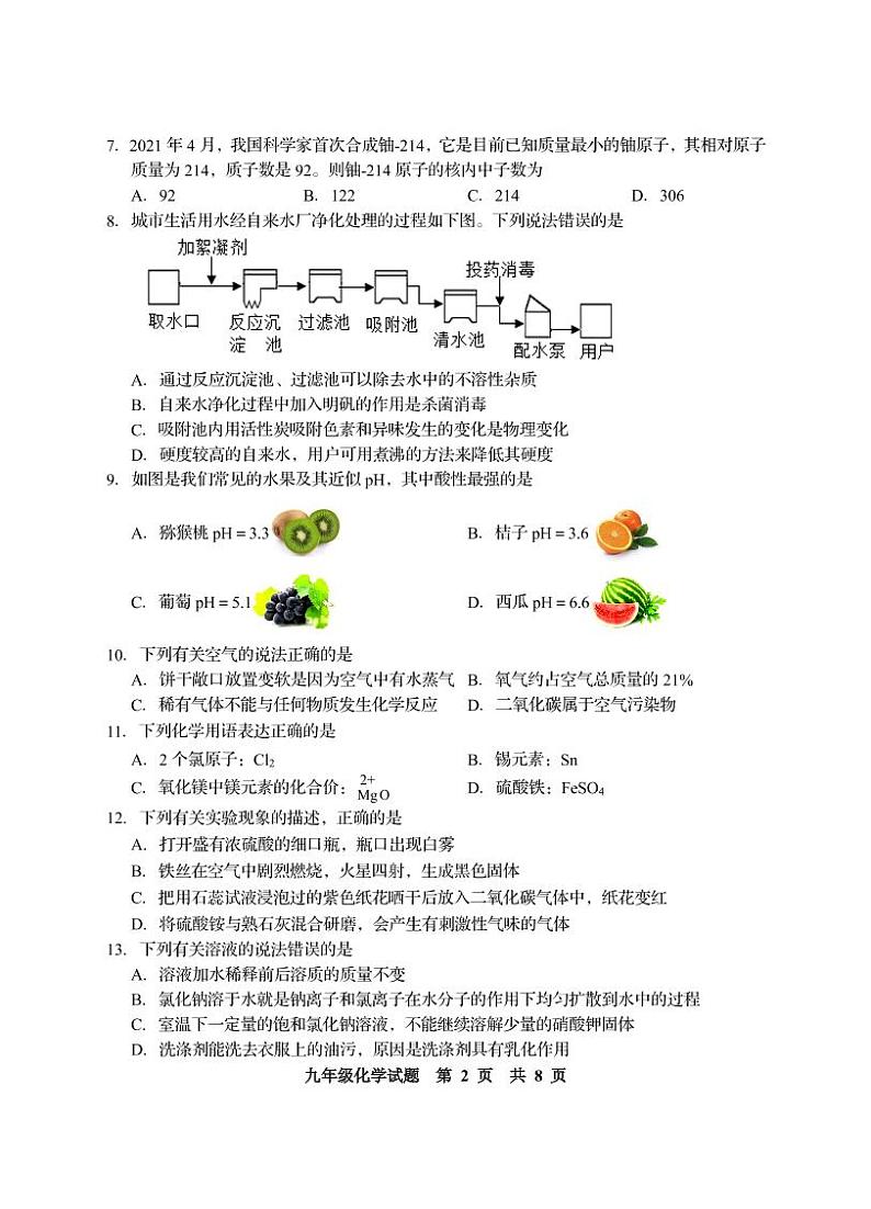 2022年山东省青岛市西海岸新区(黄岛)中考一模化学试题无答案02