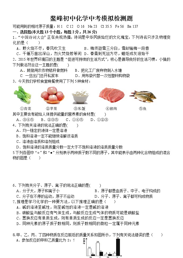 2020年四川省眉山市仁寿县鳌峰初级中学中考化学模拟检测题无答案第1页