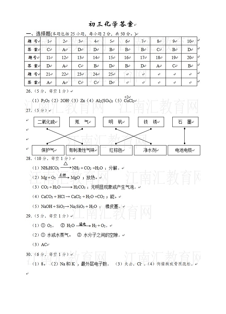 初三化学期中考试答案第1页