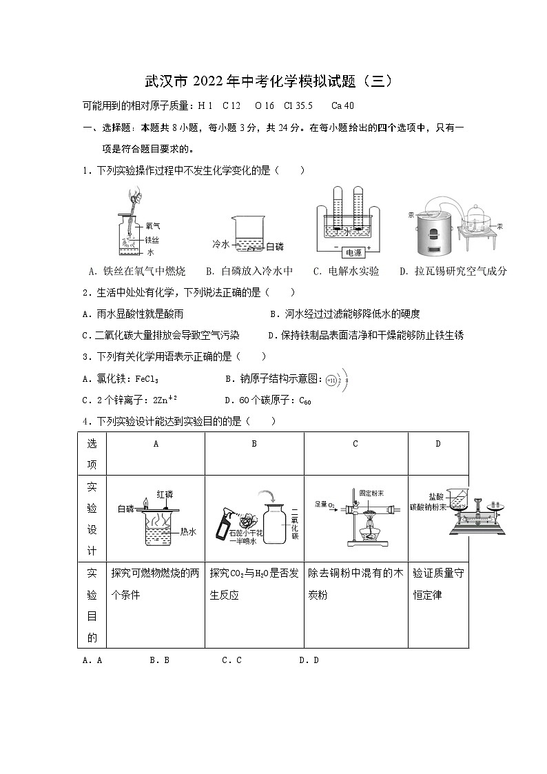 2022年湖北省武汉市中考化学模拟试题(三)(word版含答案)第1页