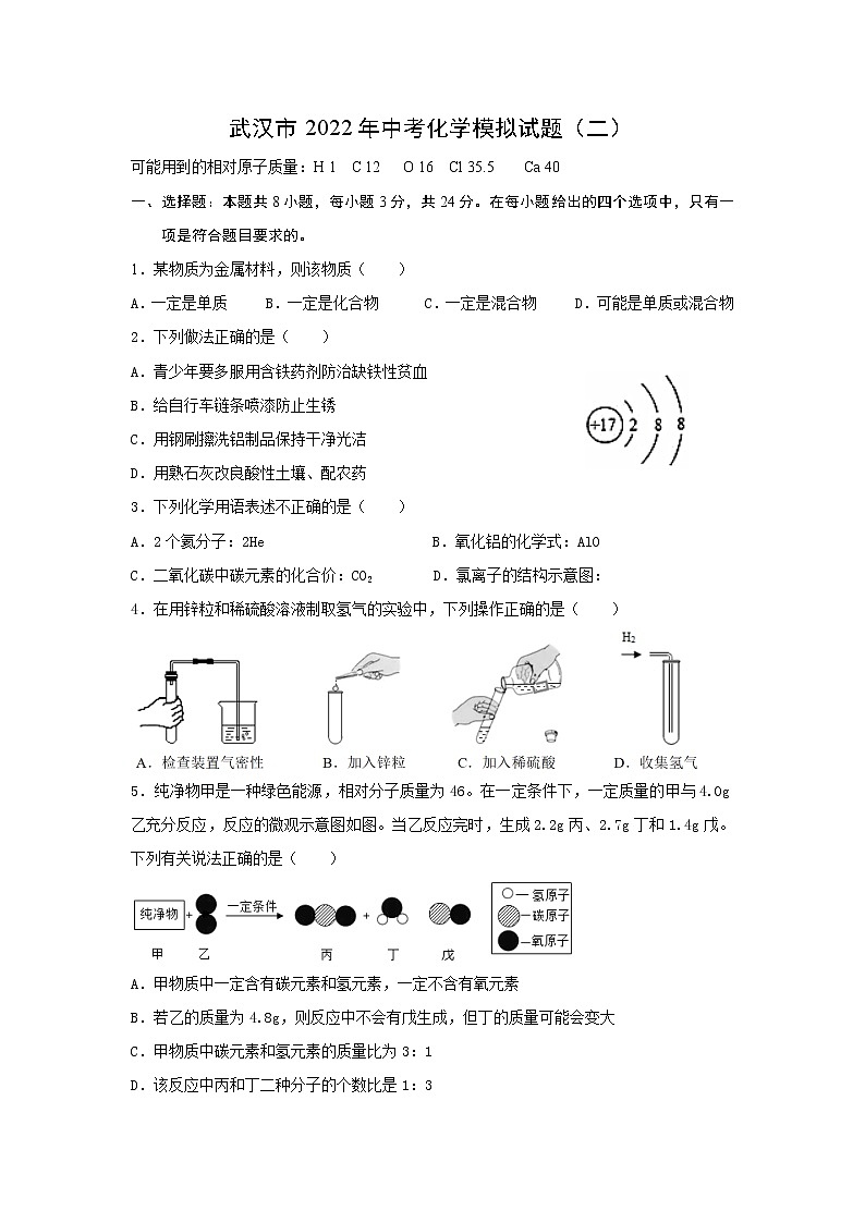 2022年湖北省武汉市中考化学模拟试题(二)(word版含答案)01
