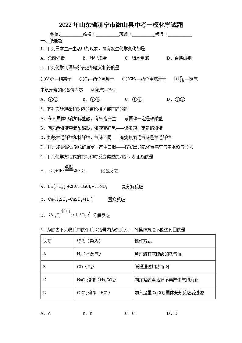 2022年山东省济宁市微山县中考一模化学试题(word版含答案)第1页