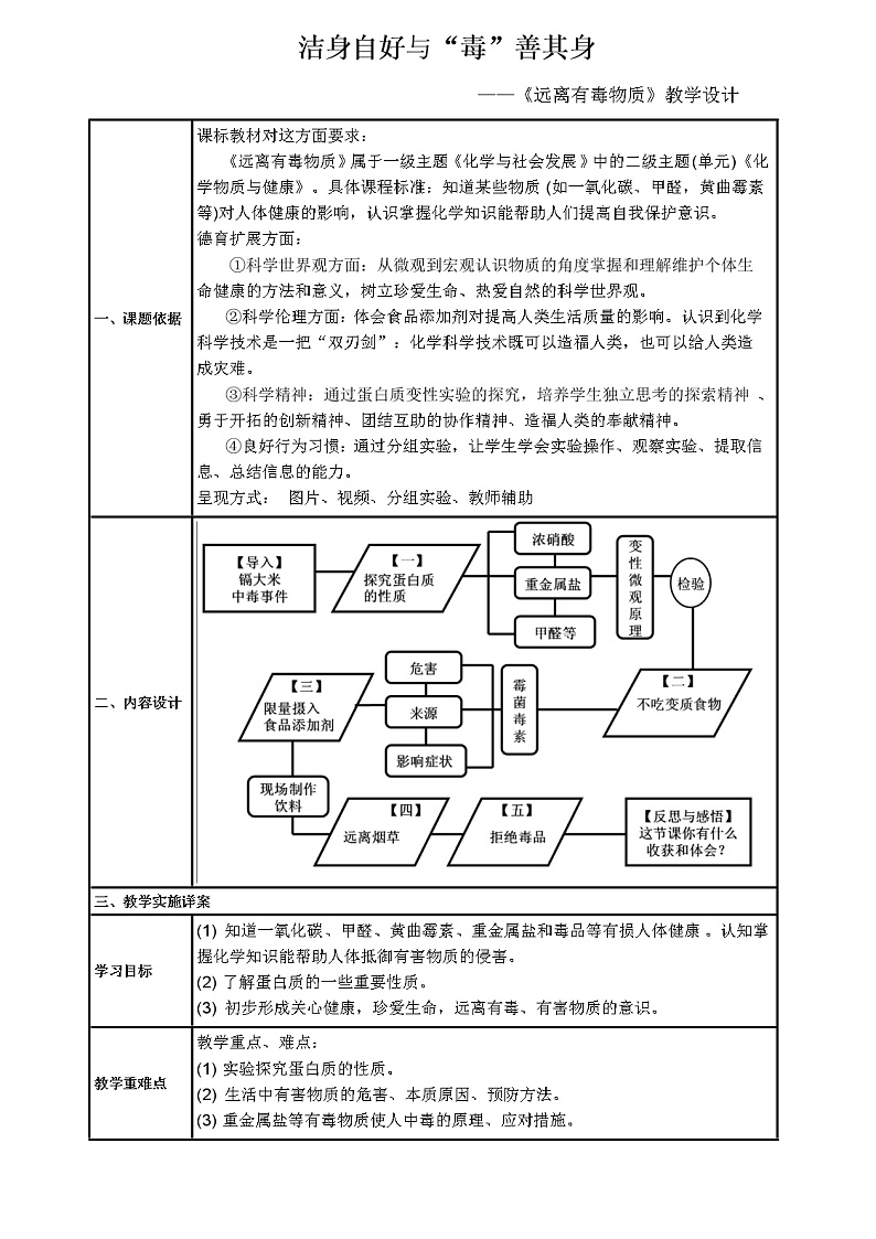 鲁教版(五四制)九下化学 5.3远离有毒物质 教案第1页