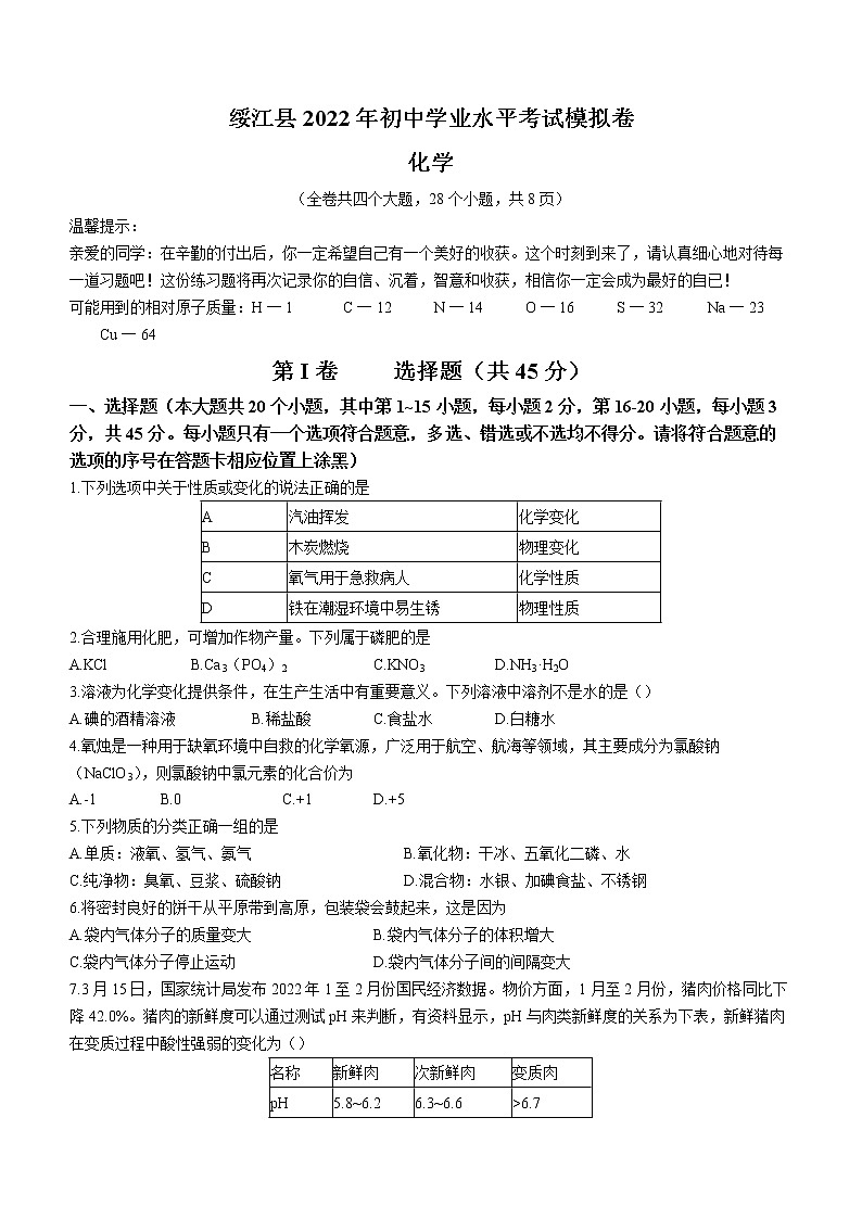 2022年云南省昭通市绥江县中考一模化学试题01
