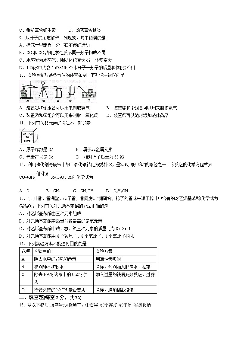 2022年海南省东方市民族中学中考模拟化学试题(word版含答案)02
