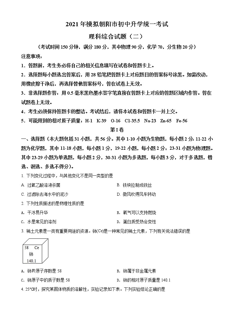 精品解析:2021年辽宁省朝阳市中考二模化学试题(解析版+原卷板)01