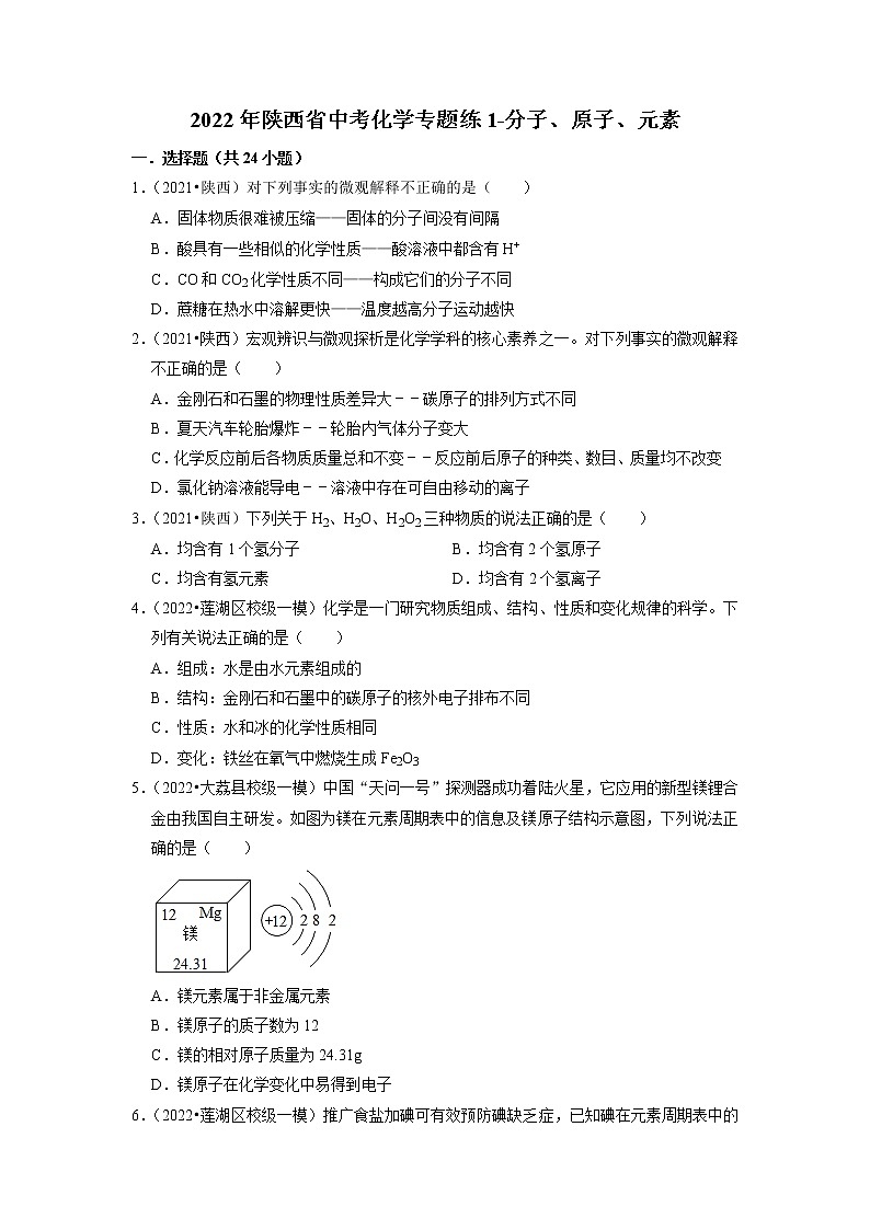 2022年陕西省中考化学专题练1-分子、原子、元素(有答案)第1页