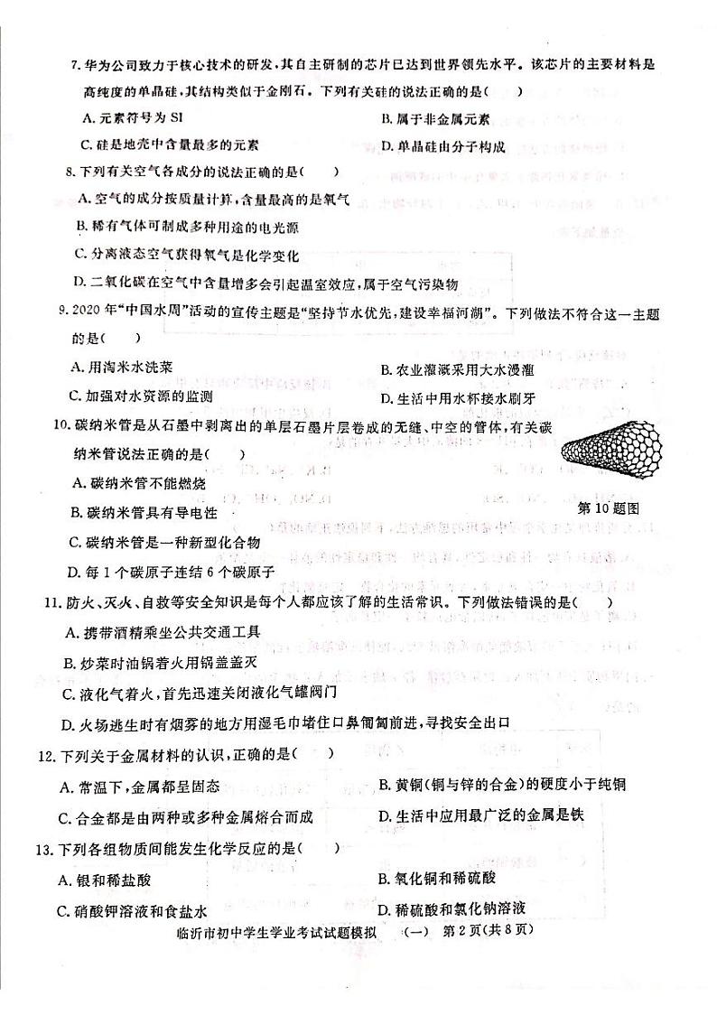 2022年山东省临沂市初中学业水平考试化学模拟试题(一)(无答案)02