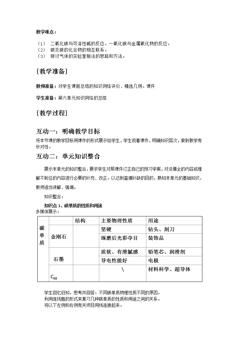 人教版五四制八年级化学  6.5碳和碳的氧化物 单元复习 教案02