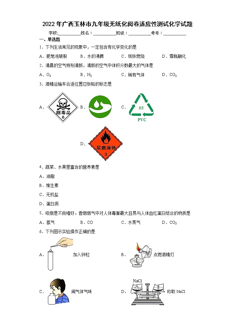 2022年广西玉林市九年级无纸化阅卷适应性测试化学试题(word版含答案)01