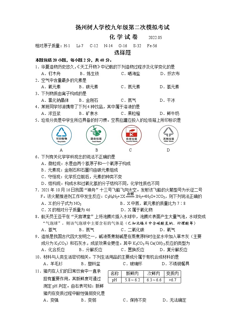 扬州市中学教育集团树人学校2022年中考二模化学试题(含答案)第1页