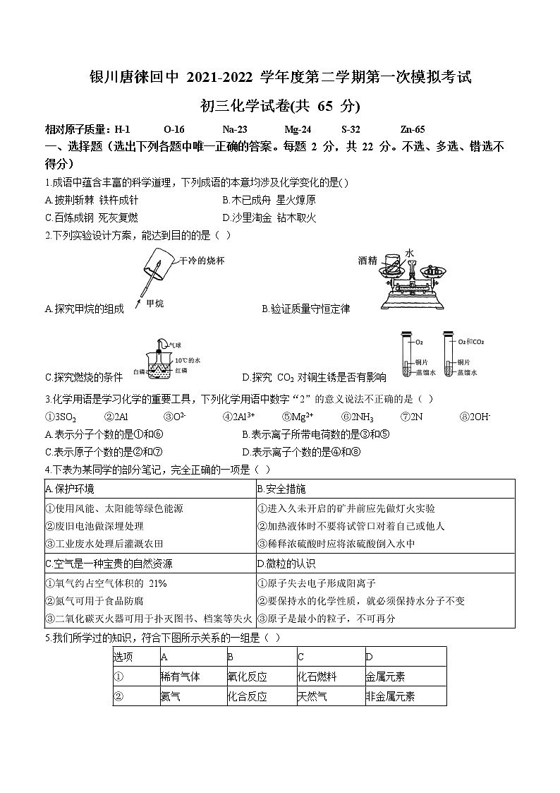 2022年宁夏银川市中考一模化学试题(有答案)01