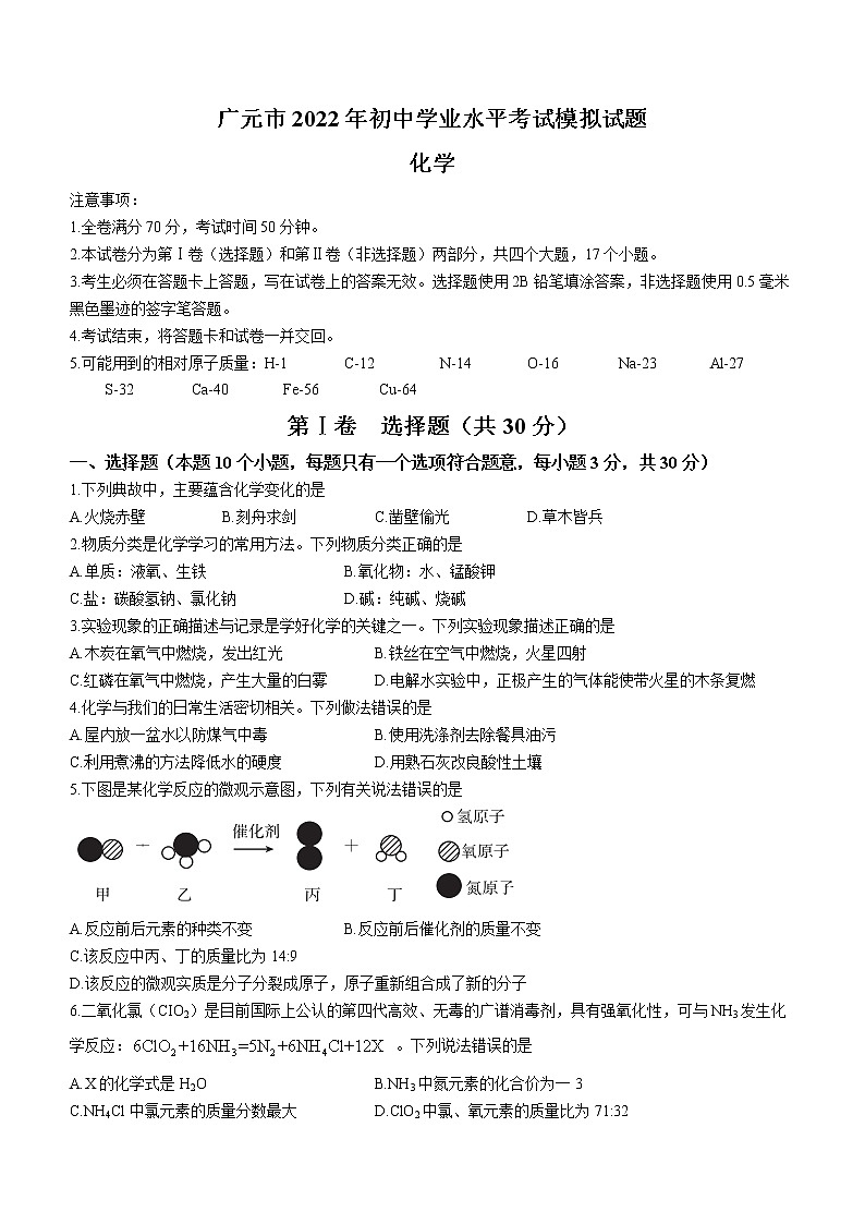 2022年四川省广元市苍溪县九年级诊断性监测(一诊)化学试题(有答案)第1页