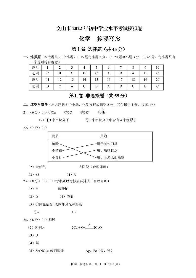 2022年云南省文山州文山市初中学业水平考试模拟化学试题(有答案)01