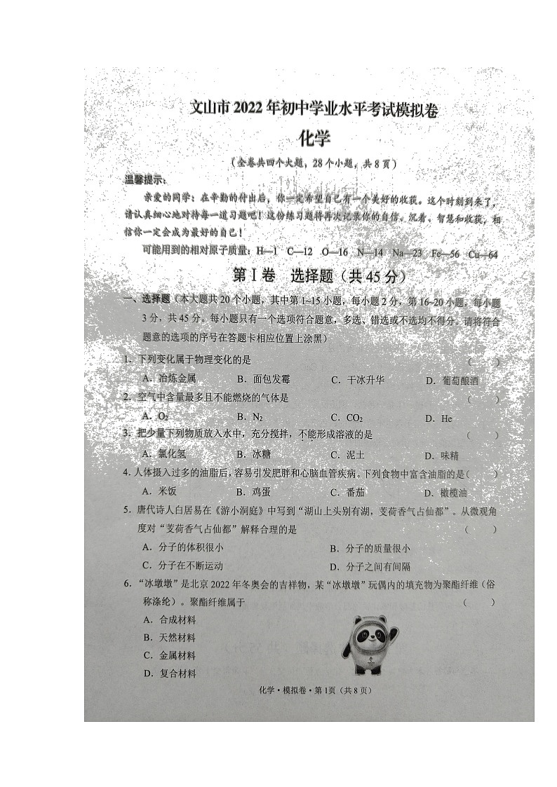 2022年云南省文山州文山市初中学业水平考试模拟化学试题(有答案)01