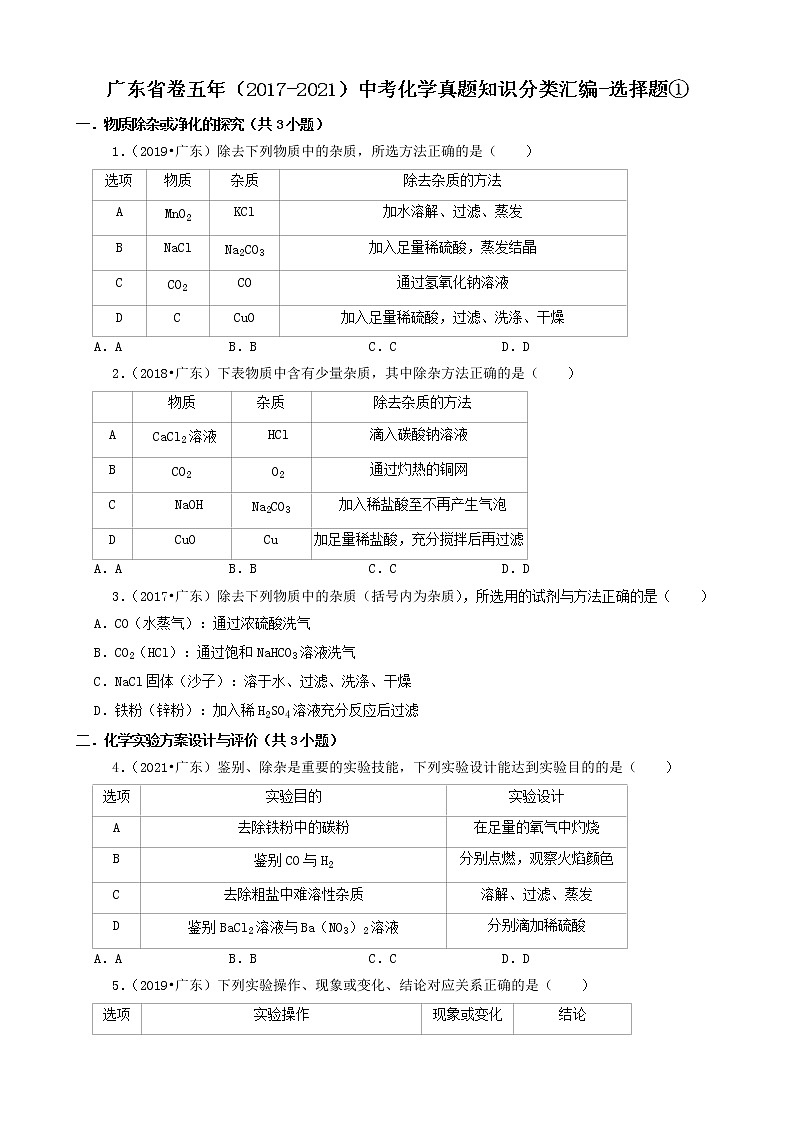 广东省卷五年(2017-2021)中考化学真题知识分类汇编01