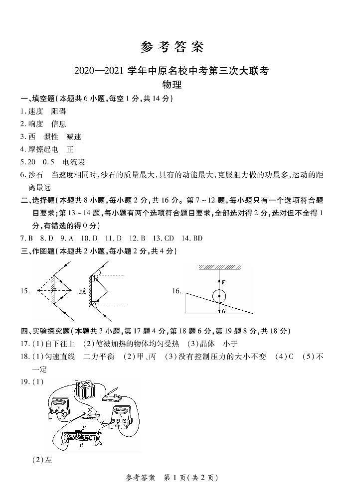 河南省中原名校2021年中考第三次大联考物理试题01
