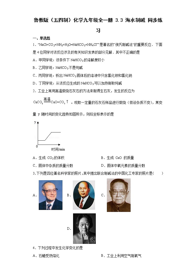 鲁教版(五四制)化学九年级全一册 3.3 海水制碱 同步练习(含答案解析)第1页
