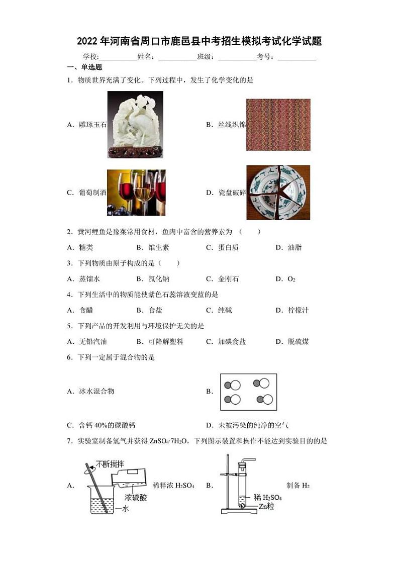 2022年河南省周口市鹿邑县中考招生模拟考试化学试题(含答案)第1页