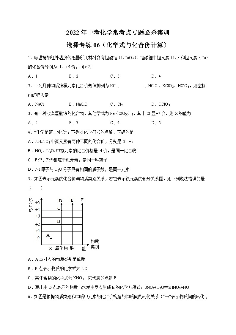选择专练06(化学式与化合价计算30题)-2022年中考化学常考点专题必杀集训(人教版)(原卷版)第1页