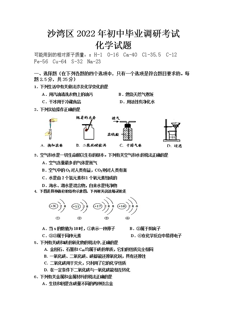 2022年四川省乐山市沙湾区中考适应性考试化学试题(word版含答案)01