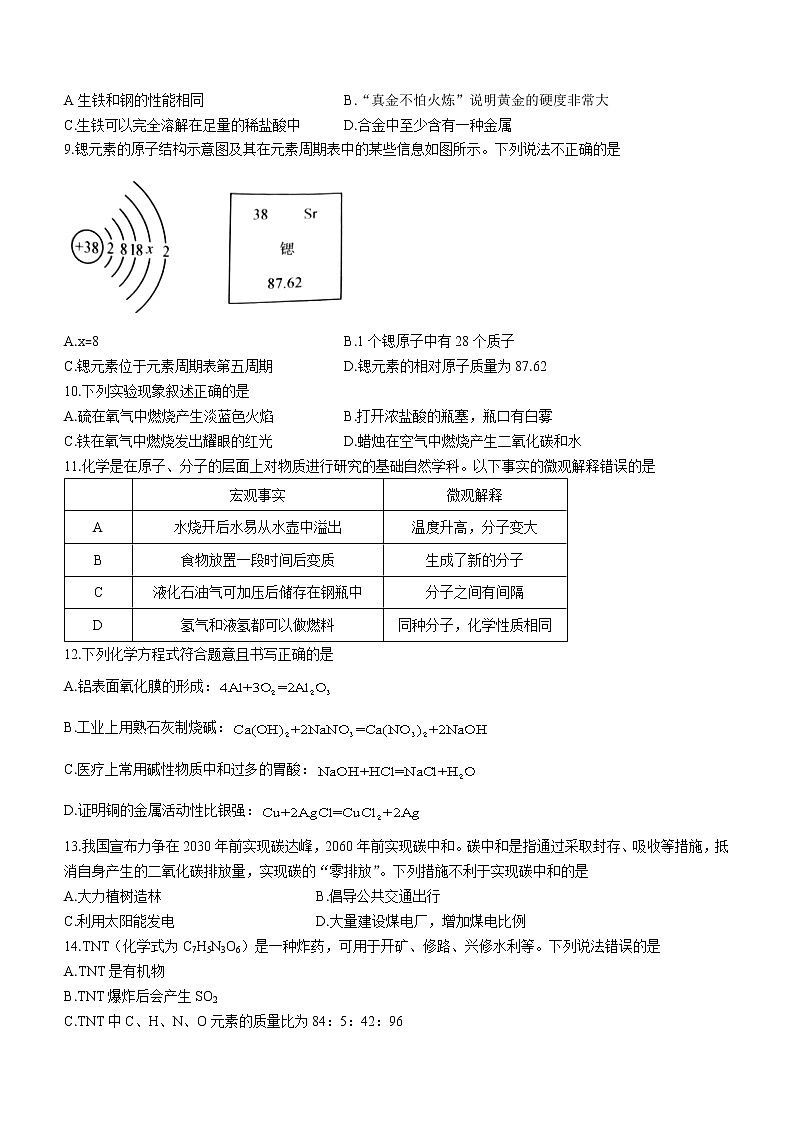 2022年广西北部湾经济区初中学业水平模拟化学试题(三)(word版含答案)02