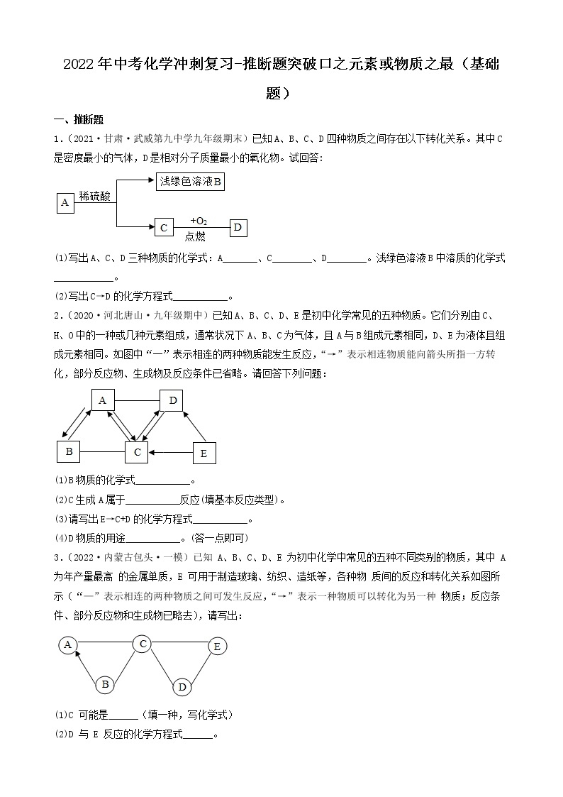 2022年中考化学冲刺复习-推断题突破口专项练习01