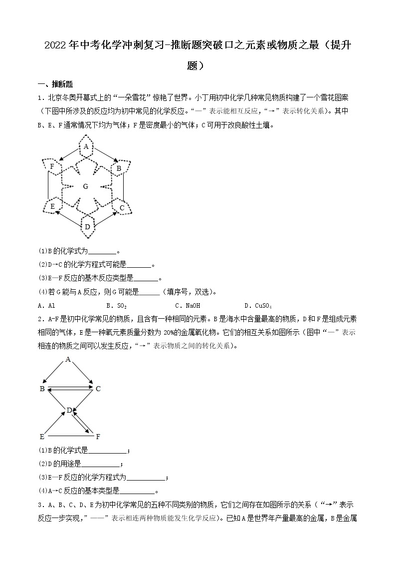 2022年中考化学冲刺复习-推断题突破口专项练习01