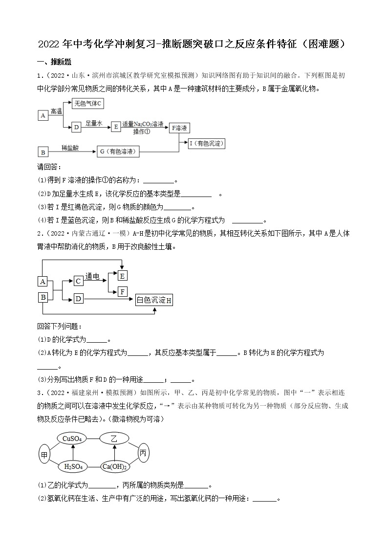 2022年中考化学冲刺复习-推断题突破口专项练习01