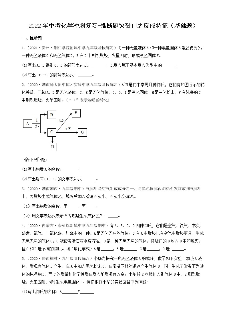 2022年中考化学冲刺复习-推断题突破口专项练习01