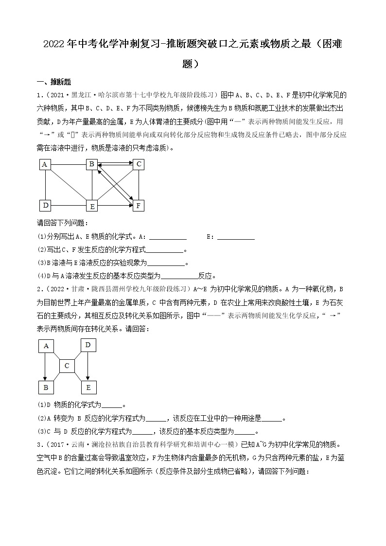 2022年中考化学冲刺复习-推断题突破口专项练习01