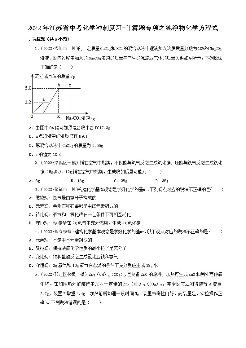 2022年江苏省中考化学冲刺复习-计算题专项之纯净物化学方程式的计算第1页