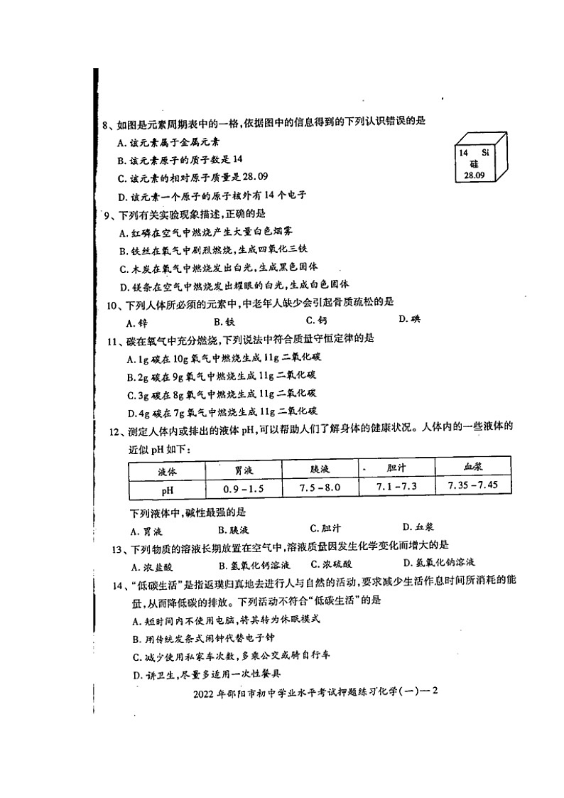 2022年湖南省邵阳市部分校联考初中学业水平考试押题练习(一)化学试题(含答案)第2页