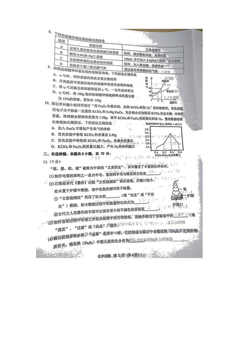 2022年福建省泉州市南安市初中学业质量检查化学试题(含答案)第2页