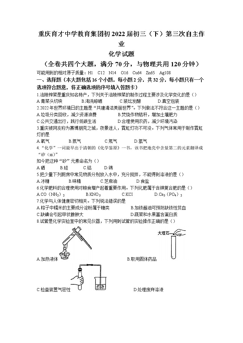2022年重庆市渝北区育才中学教育集团第三次自主作业化学试题第1页