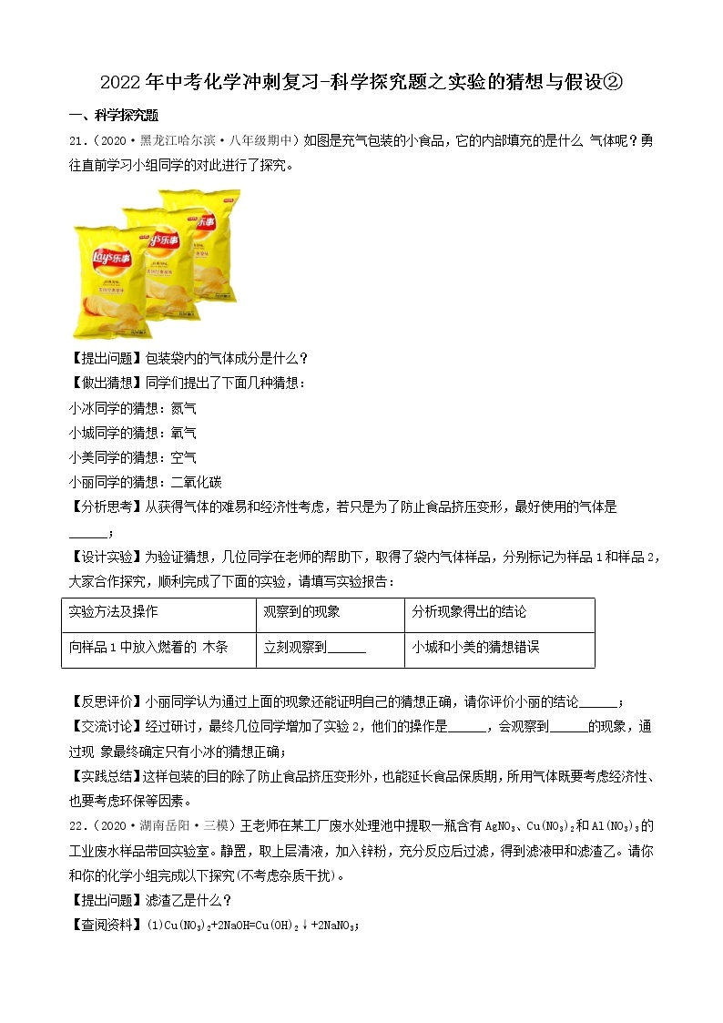 2022年中考化学冲刺必刷100题-科学探究题之实验的猜想与假设01