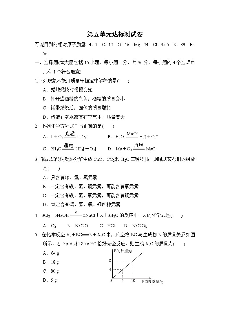 人教版化学九年级上册第五单元测试卷  带答案第1页