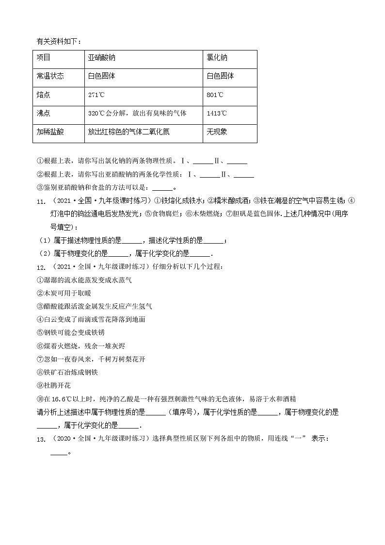 1.1物质的变化和性质 (填空&简答题)2022-2023学年九年级化学全一册同步课时分层训练(人教版)(共25题)第3页