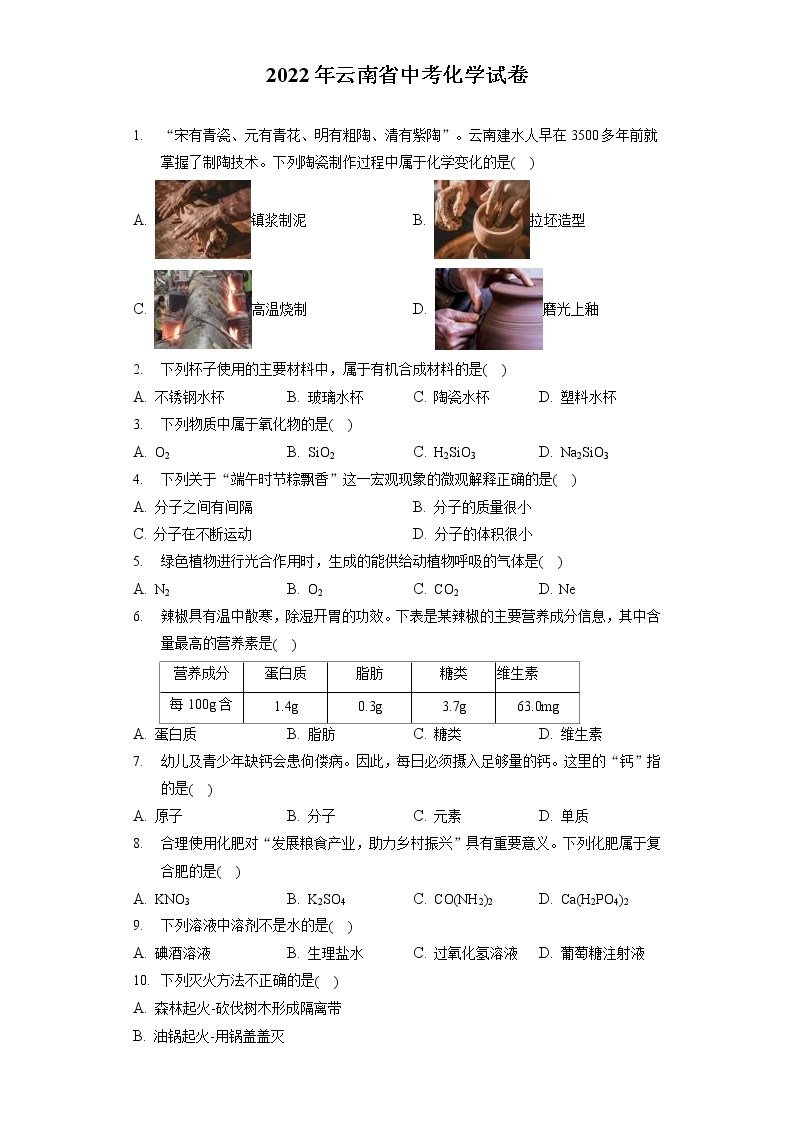 2022年云南省中考化学试卷（包含答案解析）01