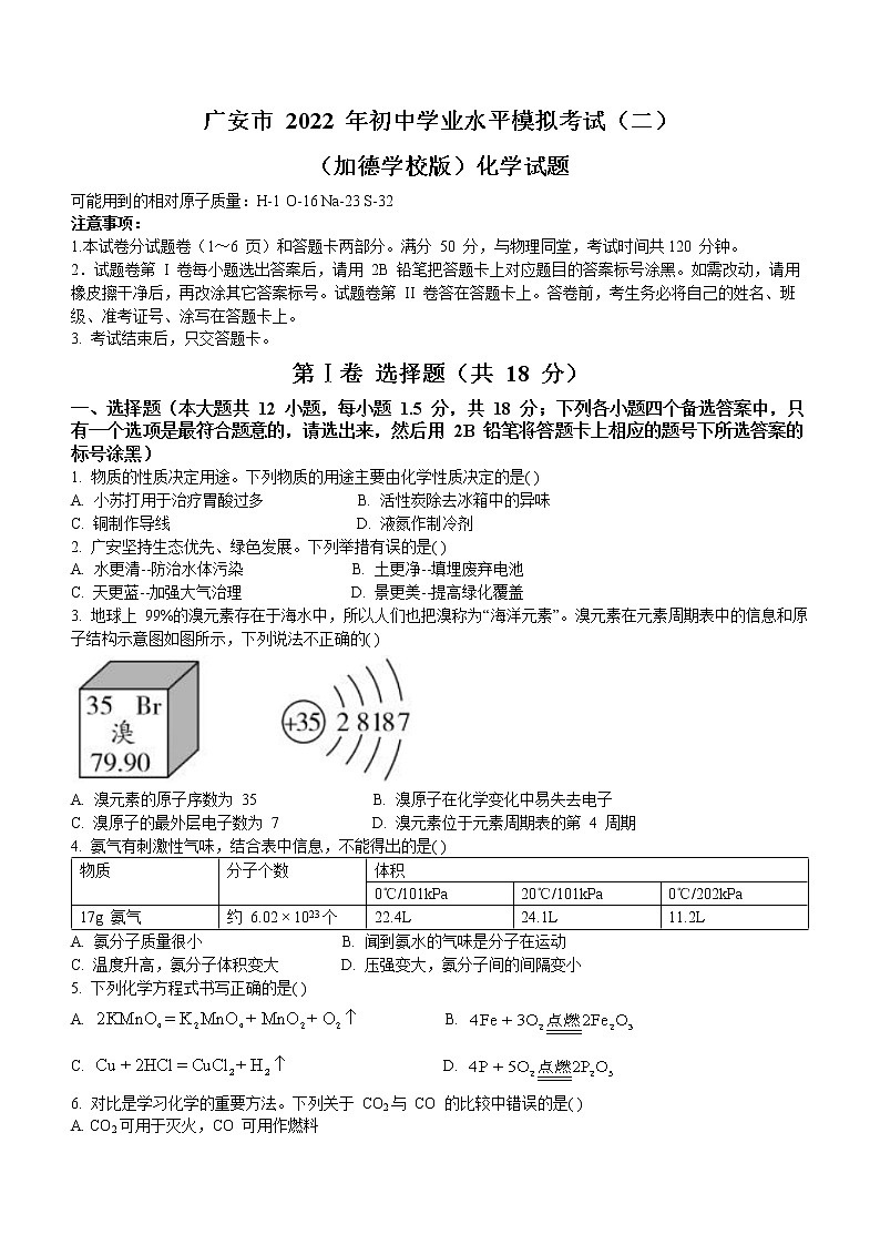 2022年四川省广安市友谊加德学校中考二模化学试题(word版无答案)第1页