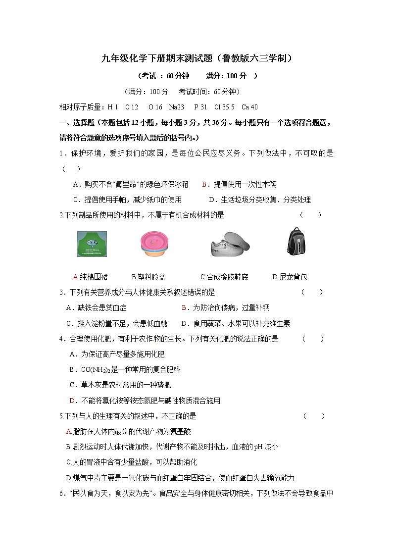 山东省泰安第一中学2021-2022学年九年级化学鲁教版下册期末测试题(六三学制)(word版含答案)第1页