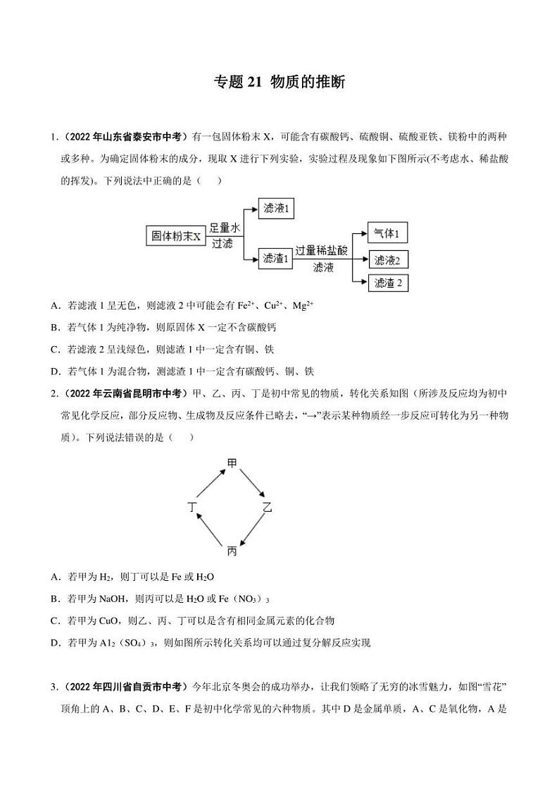 2022年中考化学学真题分类汇编 专题21 物质的推断(学生版+解析版)第1页