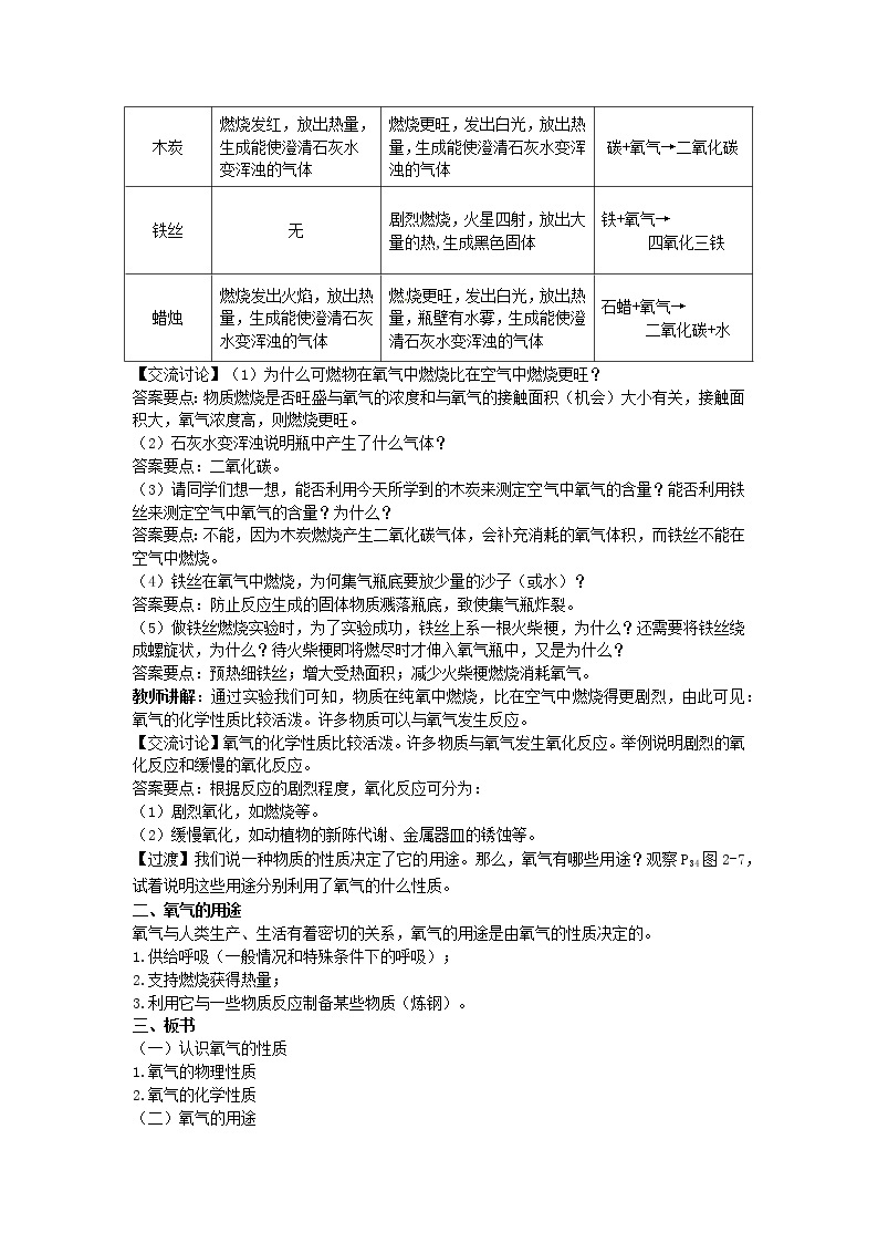 2022九年级化学上册第二章身边的化学物质第1节性质活泼的氧气教案新版沪教版02