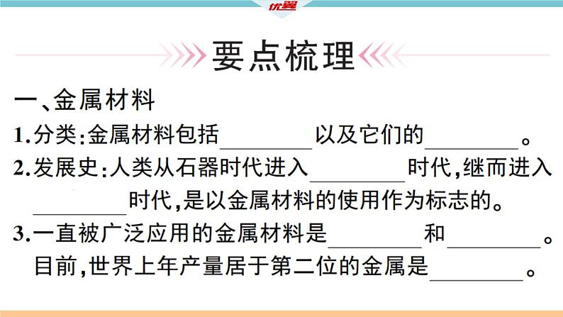 初三人教版九年级化学下册安徽习题讲评课件同步练习1八单元金属和金属材料1课题1金属材料1课时02
