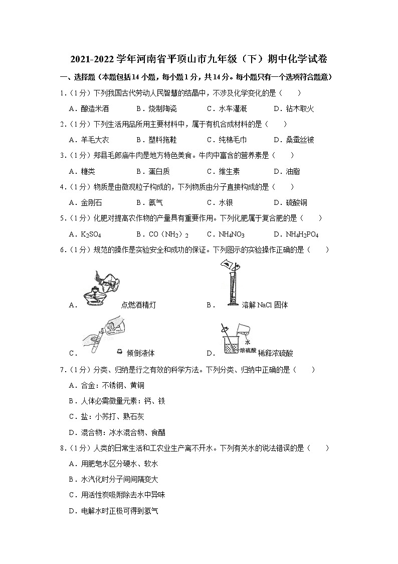 2021-2022学年河南省平顶山市九年级(下)期中化学试卷_第1页