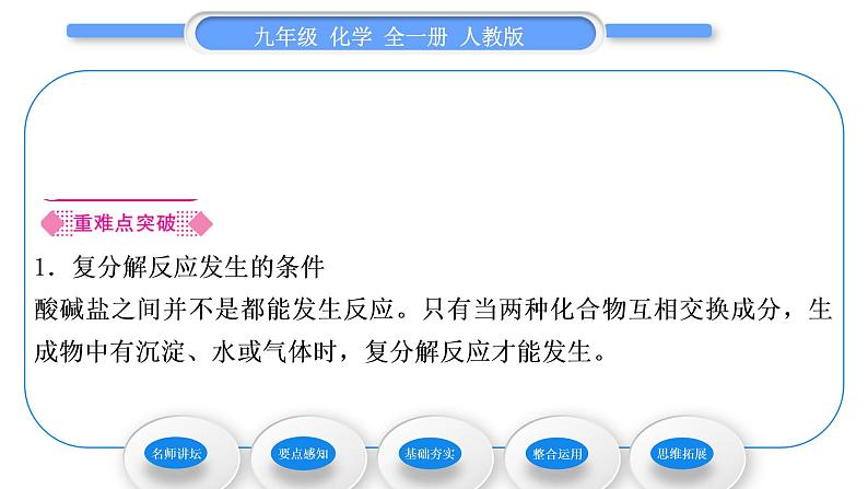 人教版九年级化学第十一单元盐 化肥课题1生活中常见的盐第3课时复分解反应及其发生的条件习题课件02