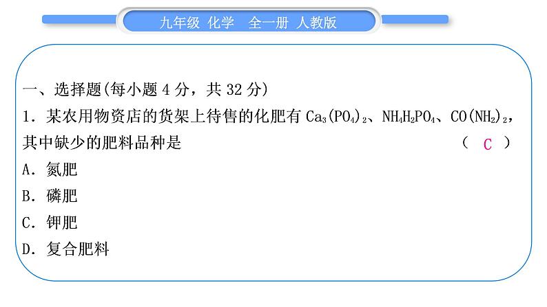 人教版九年级化学单元周周测十五(11.2~实验活动8)习题课件第2页