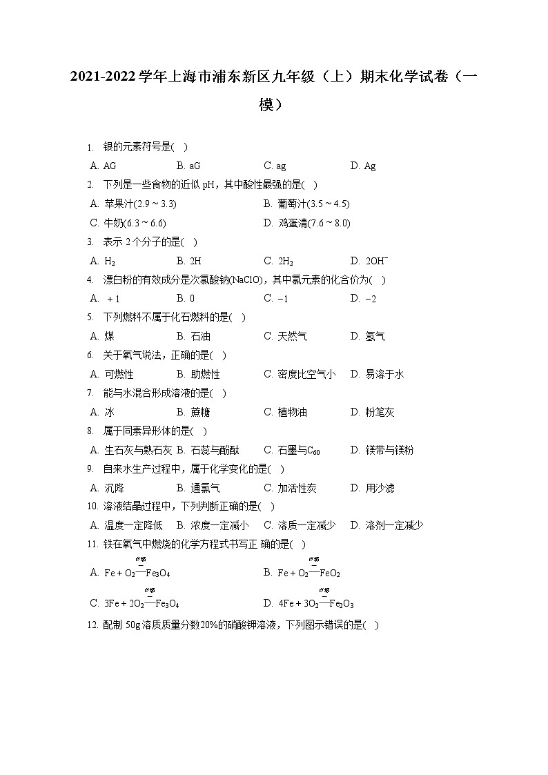 2021-2022学年上海市浦东新区九年级(上)期末化学试卷(一模)(含答案解析)01