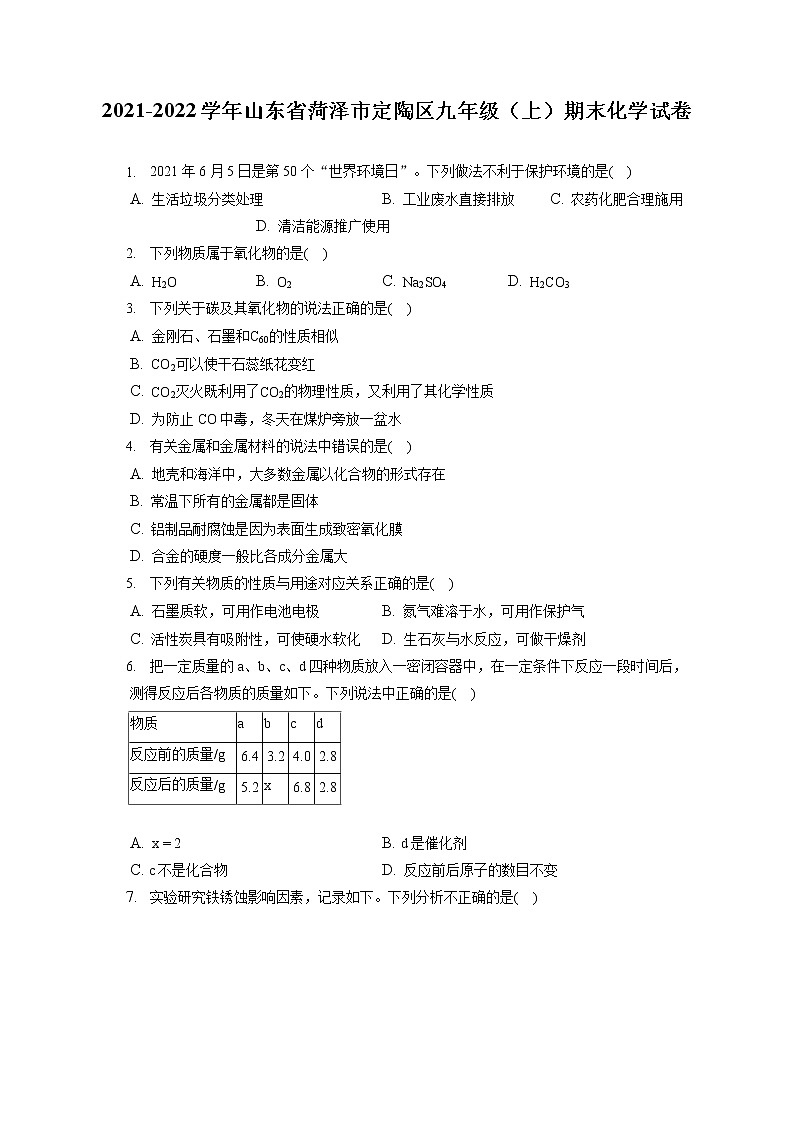 2021-2022学年山东省菏泽市定陶区九年级(上)期末化学试卷(含详细答案解析)01